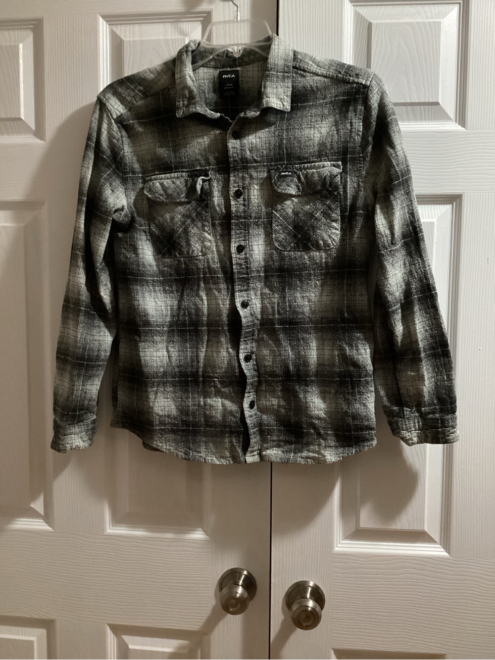 RVCA Men’s Black and Gray Plaid Button-Down Shirt